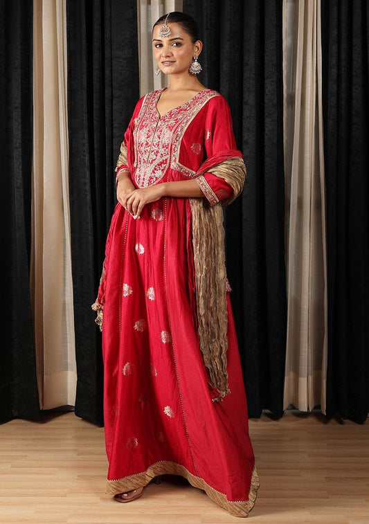 Red Zari And Zardozi Embroidered Silk Georgette Anarkali Set