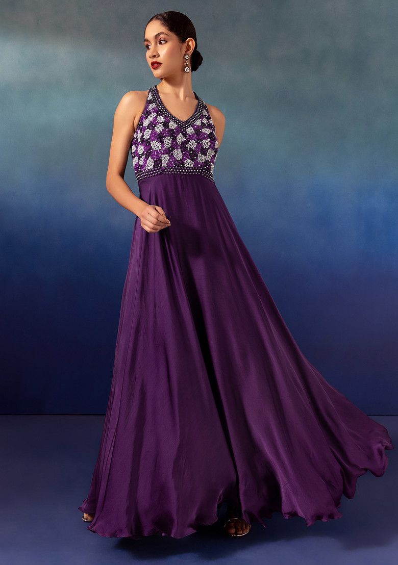 Purple Sequin Hand Embroidered Satin Gown