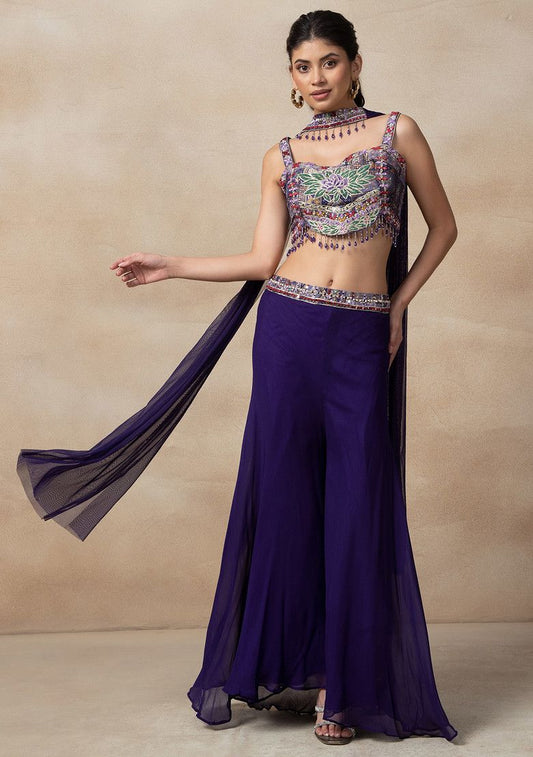 Blue Sharara Set With Mirror Embroidered Blouse And Dupatta