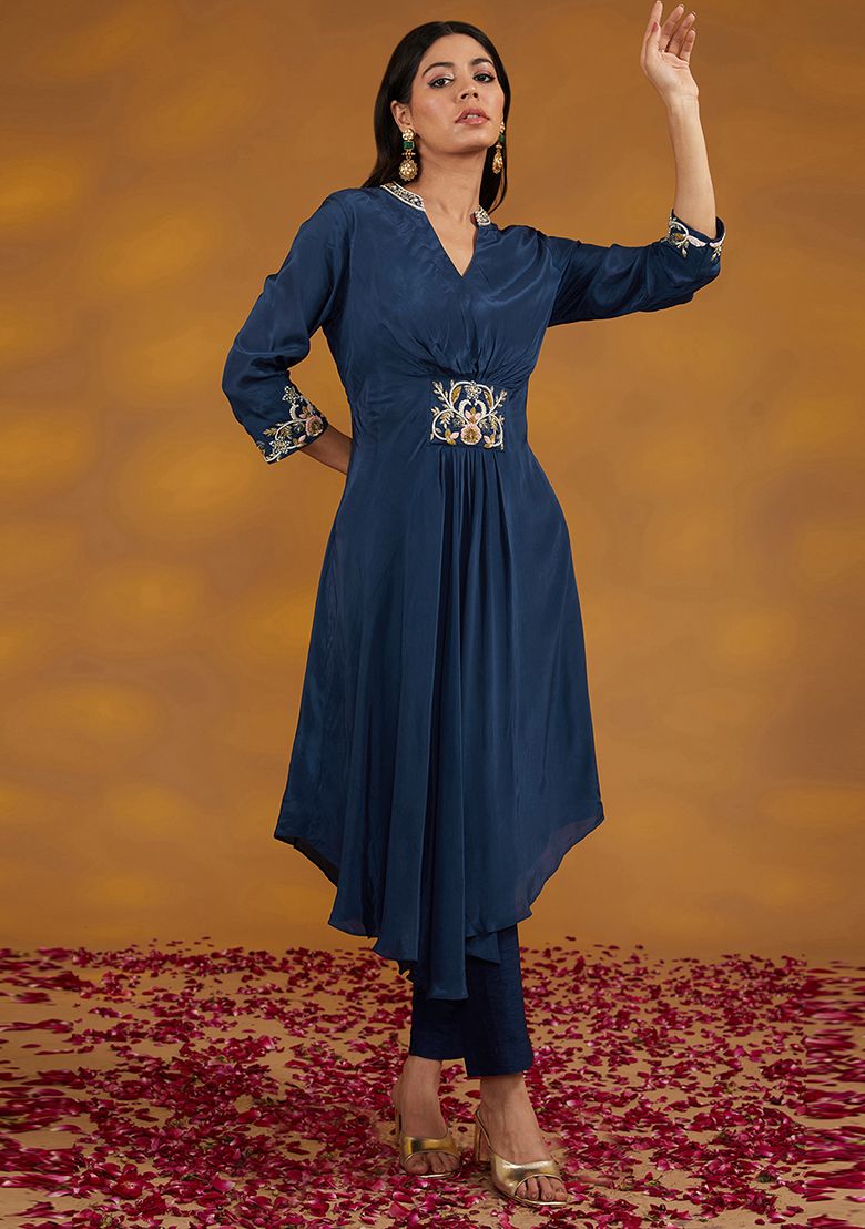 Blue Zari Embroidered Crepe Co-Ord Set