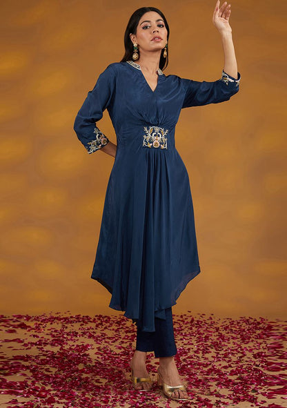 Blue Zari Embroidered Crepe Co-Ord Set