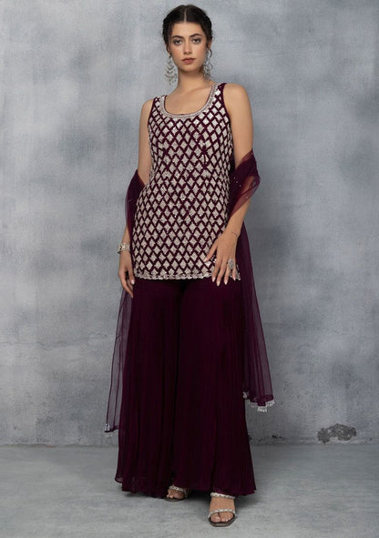 Purple Sharara Set With Sequin Embellished Short Kurta And Embellished Dupatta