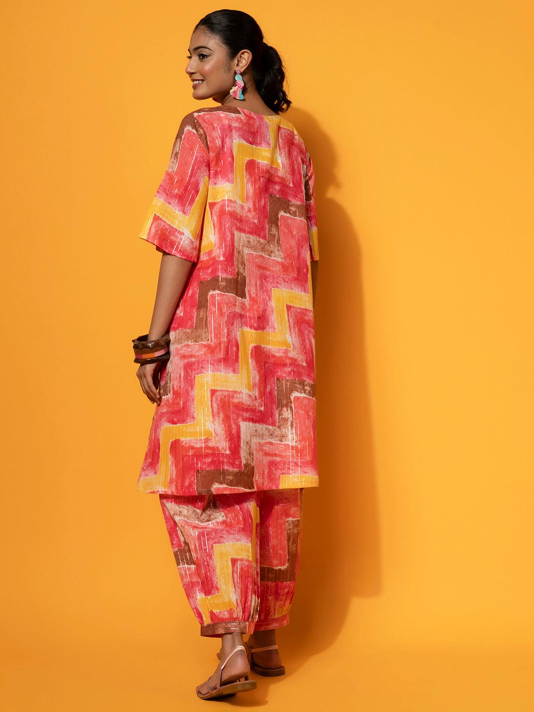 Coral Printed Silk Blend Tunic With Palazzos