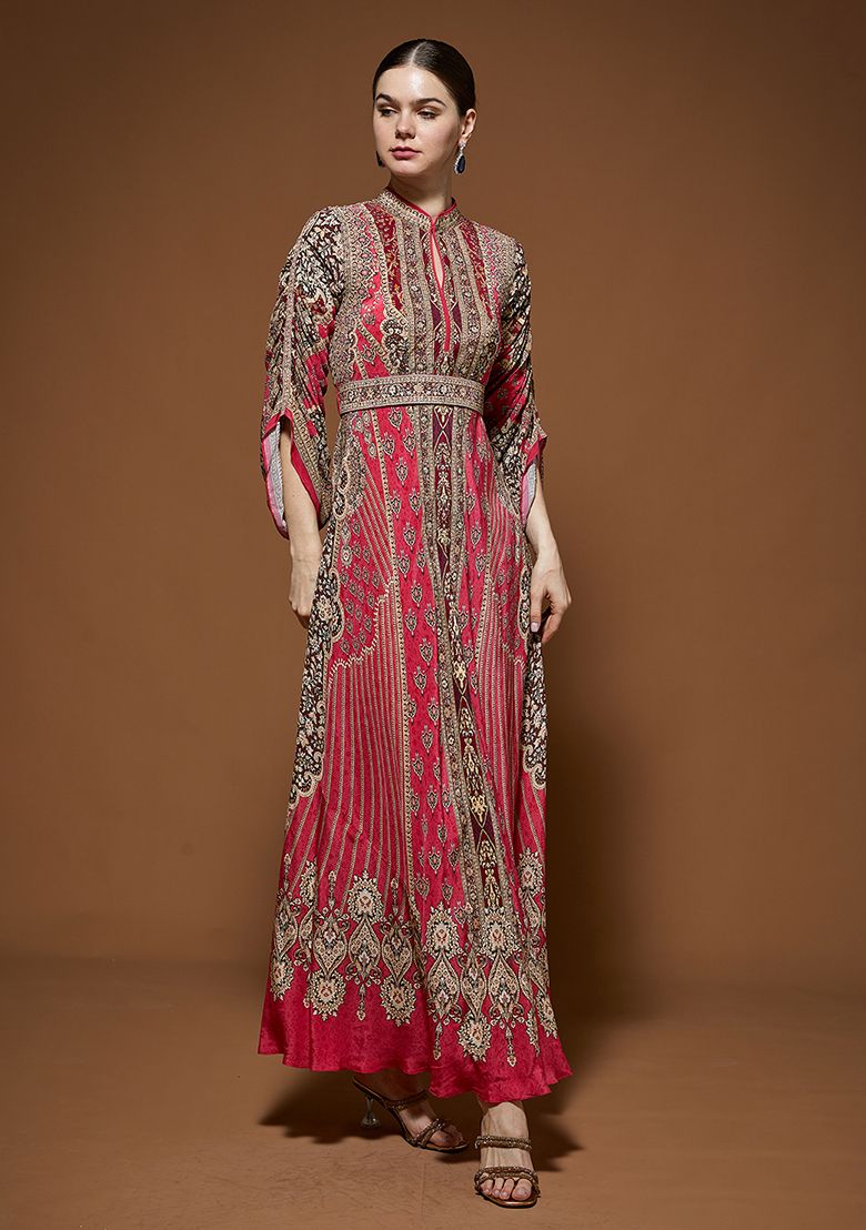 Rose Red Rhinestones Embroidered Crepe Gown