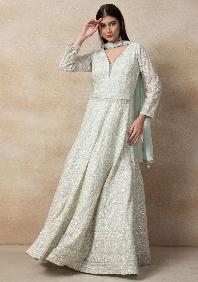 Sky Blue Floral Sequin Embroidered Anarkali Gown With Belt And Dupatta