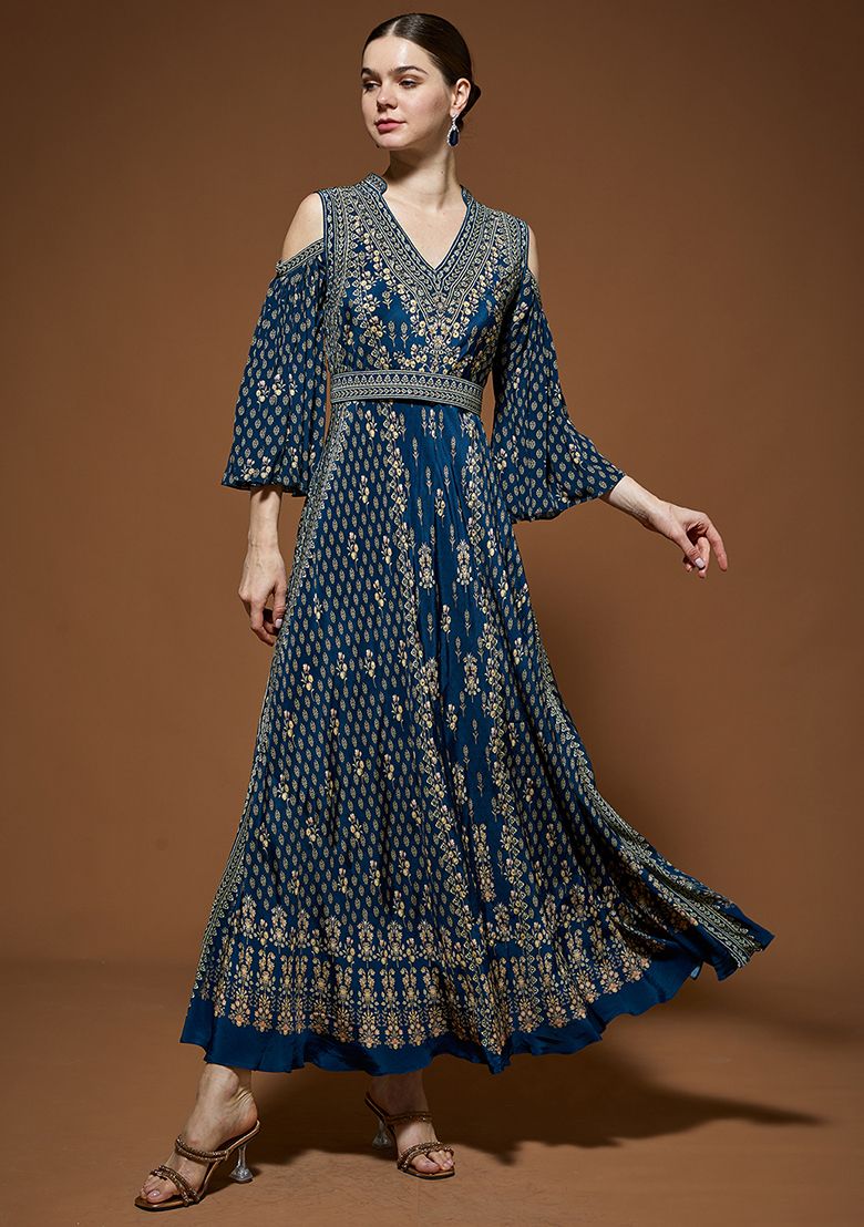 Blue Bemberg Crepe Rhinestones Embroidered Gown