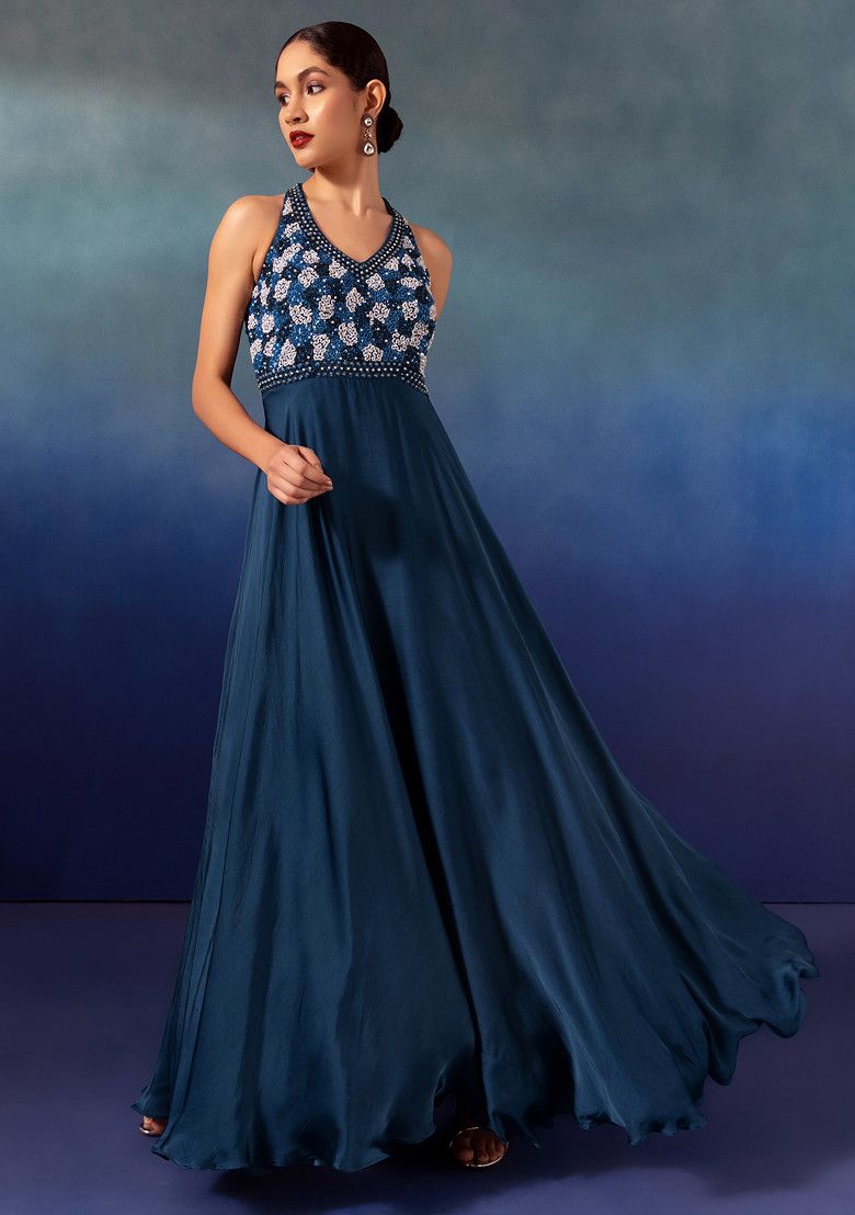 Teal Sequin Hand Embroidered Satin Gown