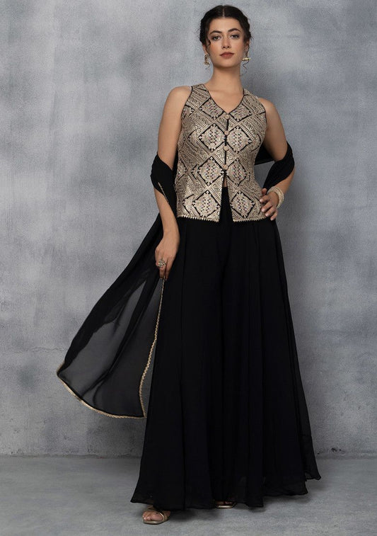 Black Sharara Set With Zari Embroidered Blouse And Dupatta