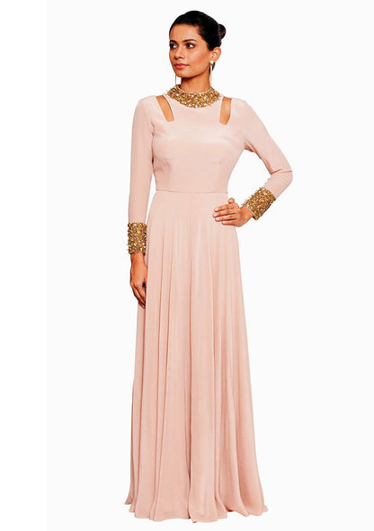 SALT AND SPRING Blush Pink Nalki Embroidered Gown With Shoulder Cut Out