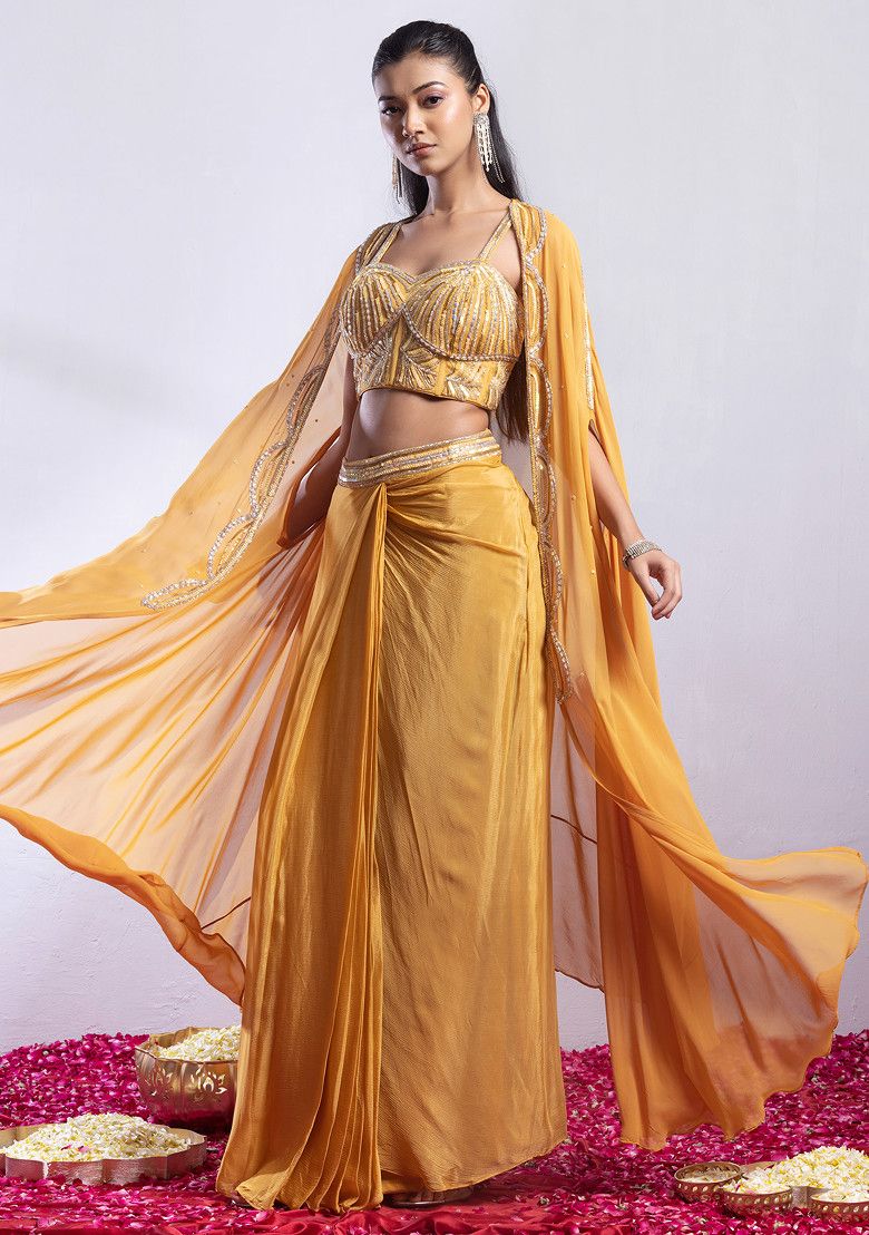 Yellow Embellished Jacket Set With Sequin Embellished Blouse And Pleated Skirt