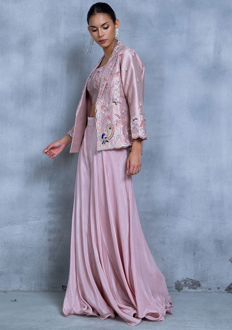 Pink Cutdana Bead Embroidered Sharara Set With Sequin Embellished Blouse And Jacket