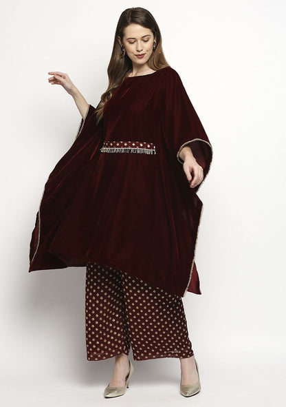 MONK AND MEI Maroon Embroidrered Velvet Kaftan Set