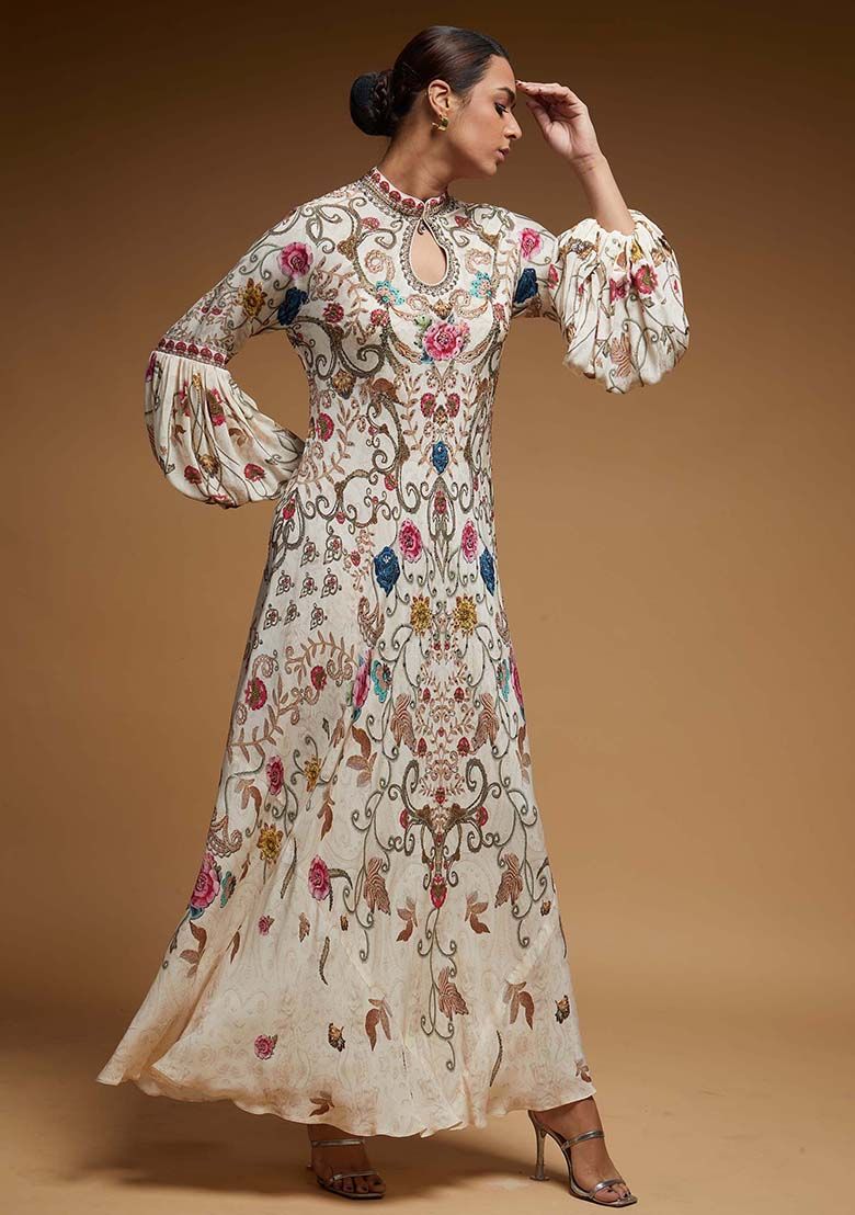 Ivory Printed Rhinestones Work Bemberg Crepe Gown