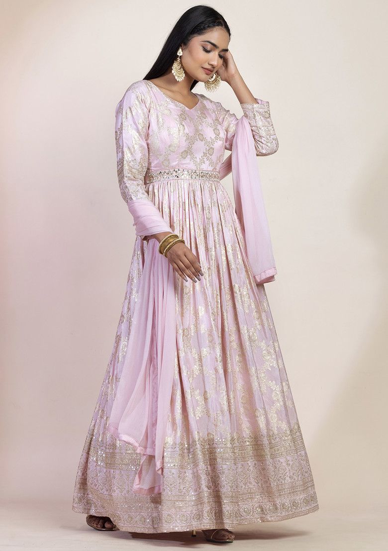 Light Pink Floral Print Brocade Anarkali With Dupatta