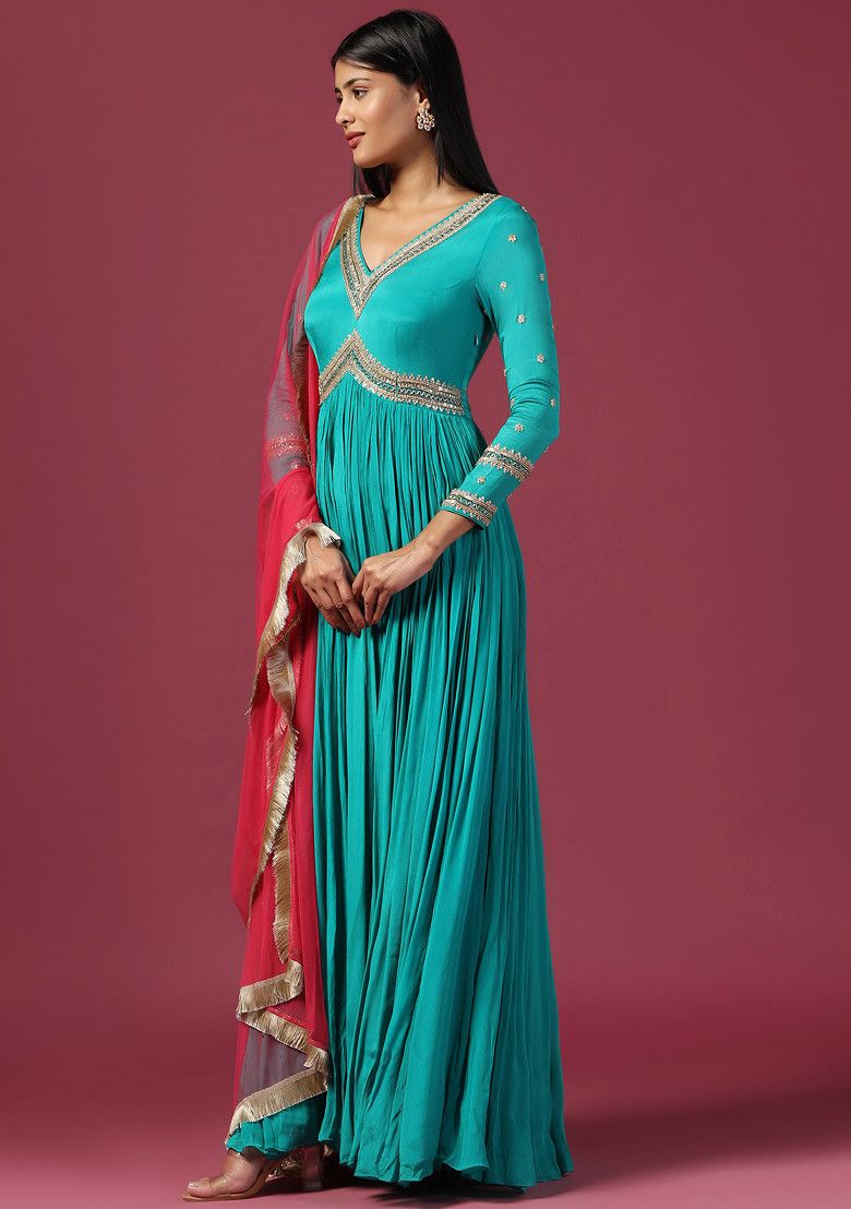 Teal Blue Zari Embroidered Anarkali Set