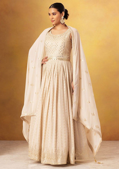 Ivory Mirror Embroidered Anarkali Gown With Embroidered Dupatta