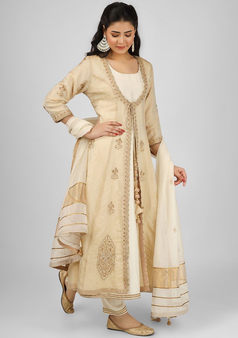 Ivory Taj Dori Embroidered Chanderi Jacket With Anarkali Set