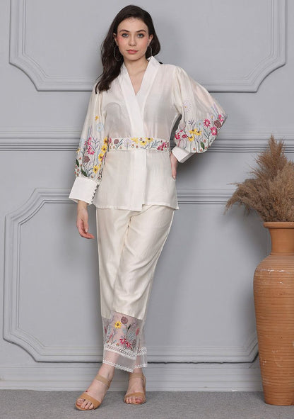 Off White Floral Escape Embroidered Chanderi Wrap Top And Pants Set