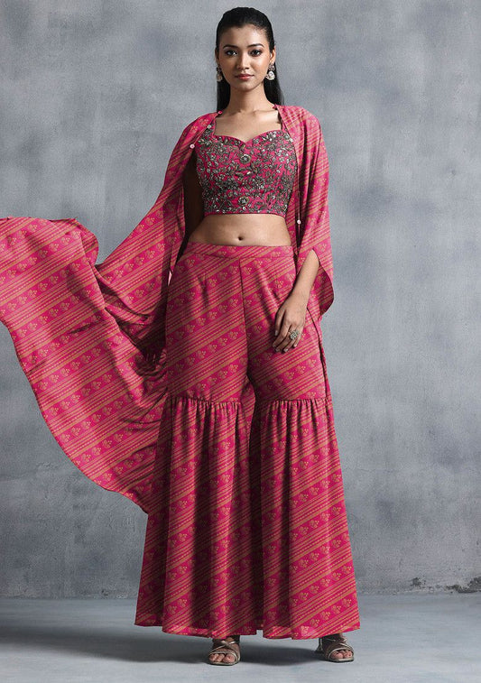 Pink Jacket Set With Sequin Hand Embroidered Blouse And Sharara