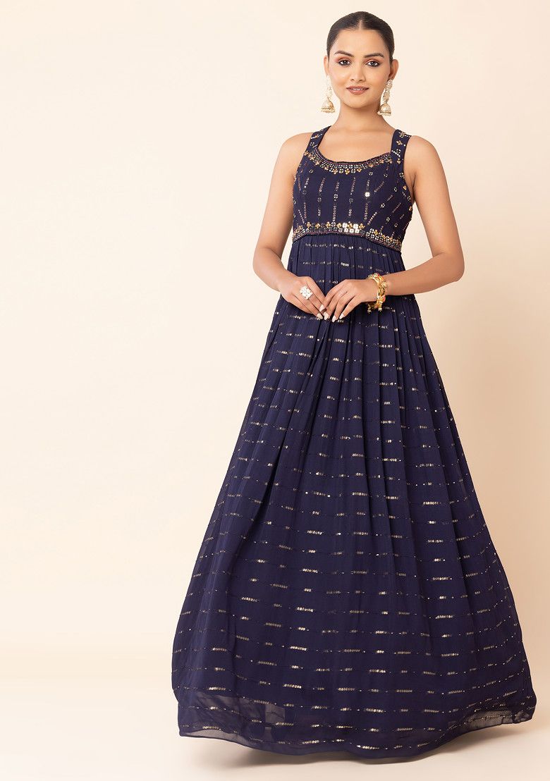 Navy Blue Mirror And Sequin Embellished Gown