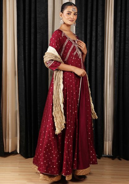 Maroon Embroidered Silk Chanderi And Tissue Silk Anarkali Set