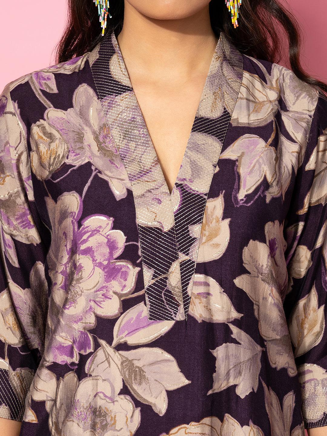 Purple Printed Silk Blend Co-Ords1