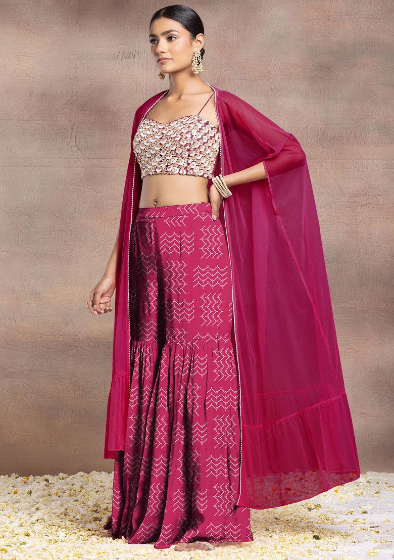 Pink Sharara Set With Pearl Sequin Hand Embroidered Blouse And Mesh Jacket