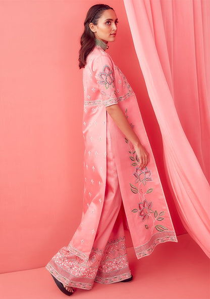 SANJEV MARWAAHA Soft Pink Thread Embroidered Jacket Set