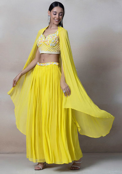 Yellow Bead Embroidered Sharara Set With Sequin Embellished Blouse And Jacket q