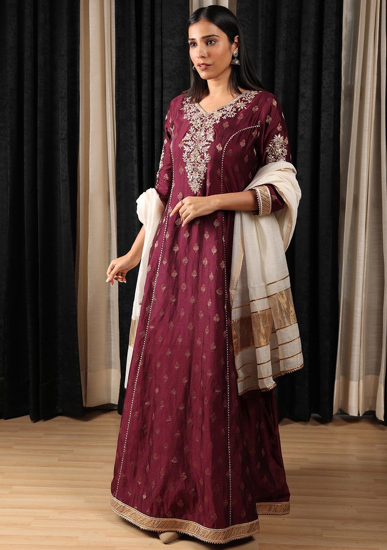 Maroon Embroidered Silk Chanderi Anarkali Set