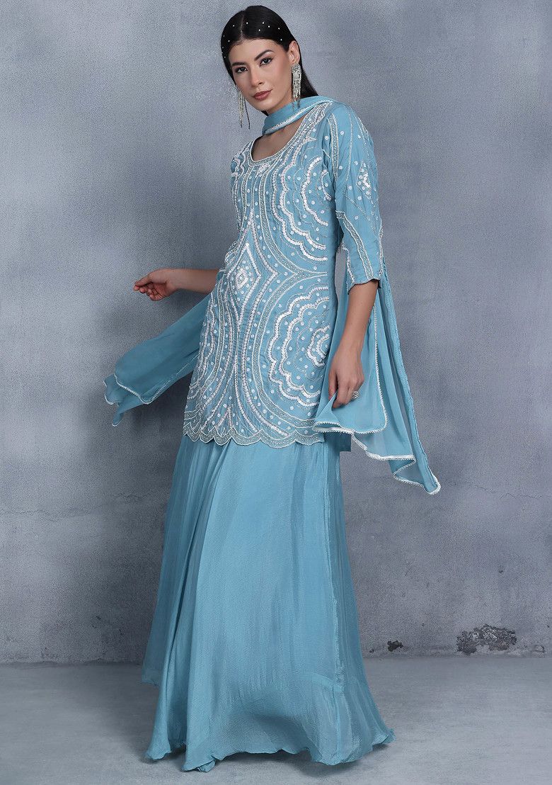 Sea Blue Draped Skirt Set With Bead Embellished Kurta And Dupatta