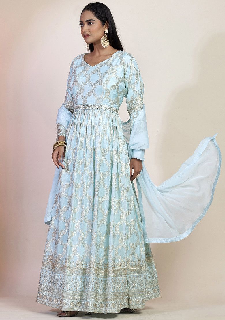 Pastel Blue Floral Print Brocade Anarkali With Dupatta