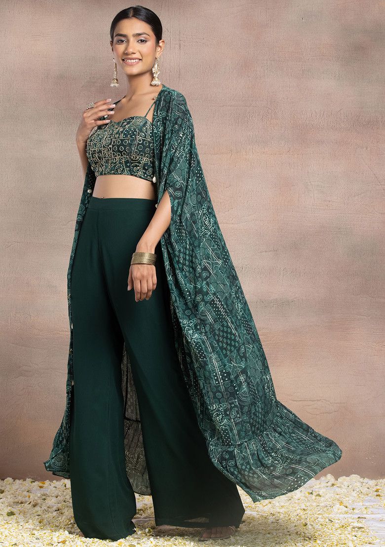 Deep Green Printed Jacket Set With Hand Embroidered Blouse And Palazzo