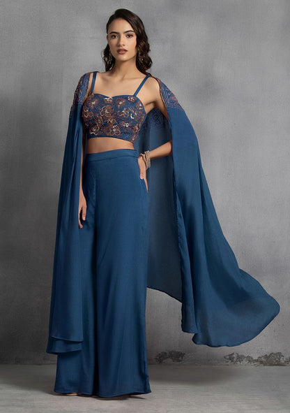 Teal Blue Sequin Embroidered Cape Set With Hand Embroidered Blouse And Pants