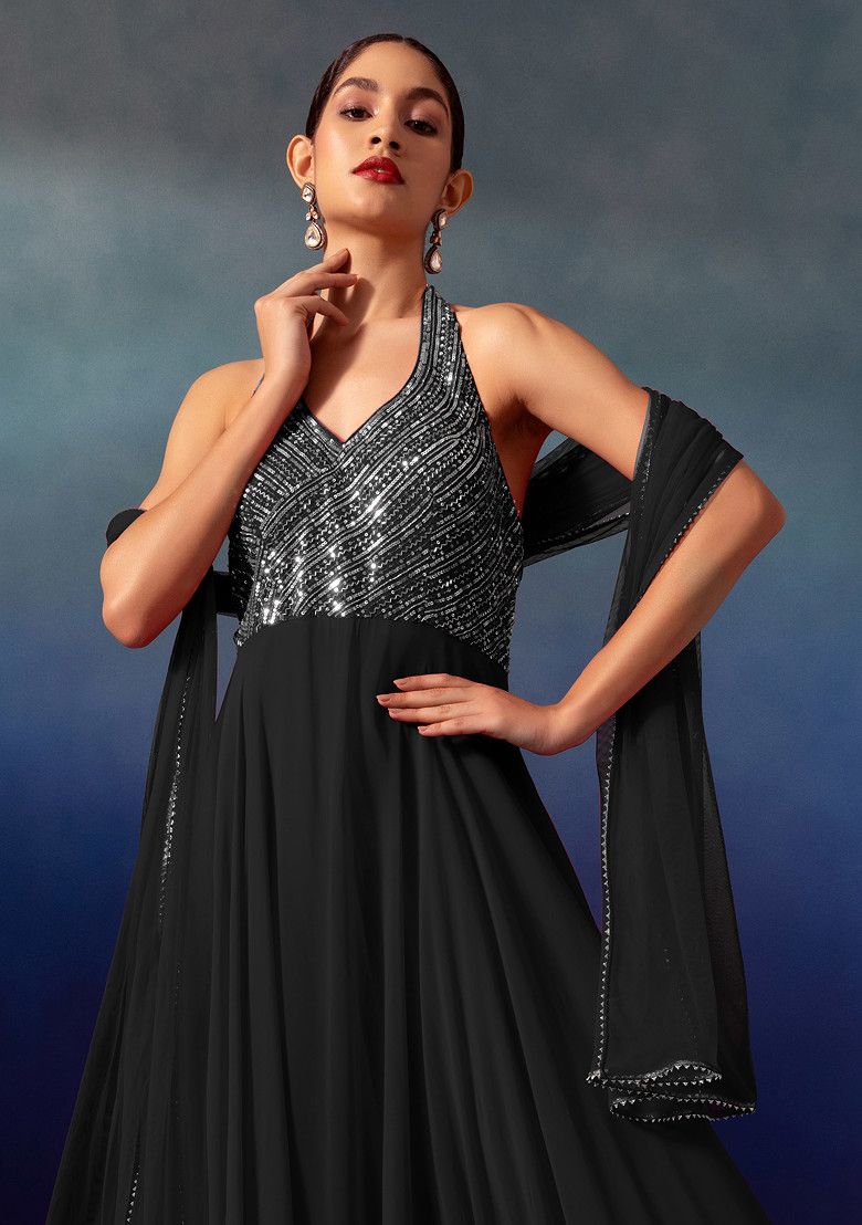 Black Sequin And Bead Embellished Halter Anarkali Gown With Dupatta