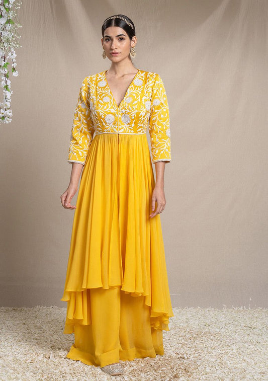 SANJEV MARWAAHA Yellow Applique Work Jacket Set