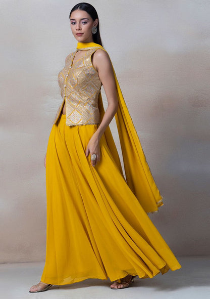 Yellow Sharara Set With Zari Embroidered Blouse And Dupatta