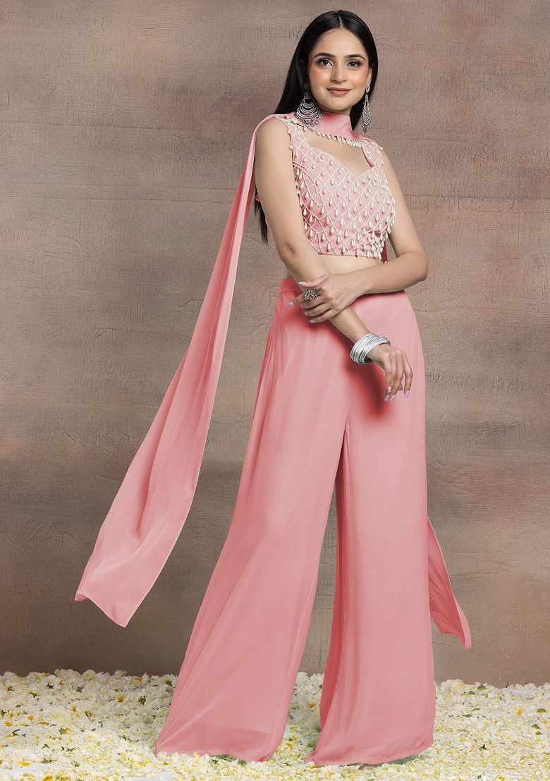 Pink Palazzo Set With Pearl Hand Embroidered Blouse And Choker Dupatta