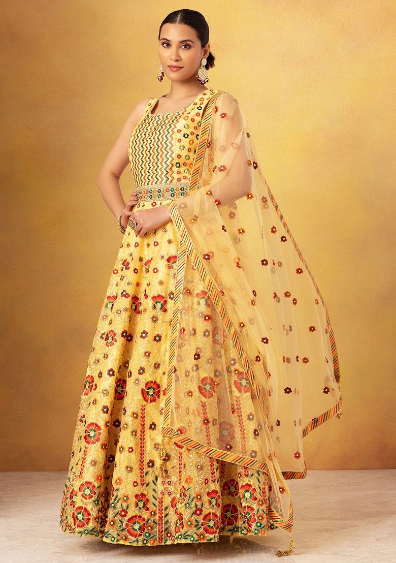 Yellow Floral Thread Embroidered Organza Anarkali Gown With Dupatta