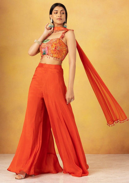 Orange Sharara Set With Multicolour Floral Print Blouse And Choker Dupatta