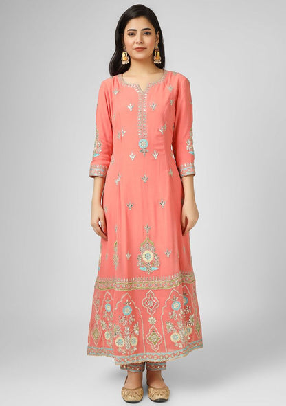 Pink Pietra Dura Machine Embroidered Silk Anarkali Set