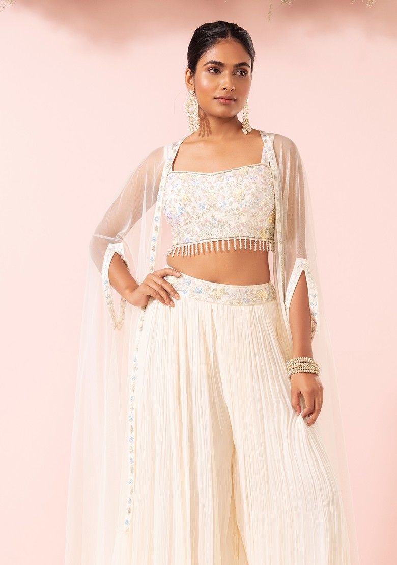 Ivory Sharara Set With Sequin Hand Embroidered Blouse And Mesh Jacket