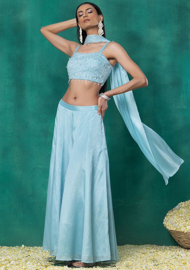 Seafoam Sharara Set With Sequin Pearl Hand Work Blouse And Choker Dupatta