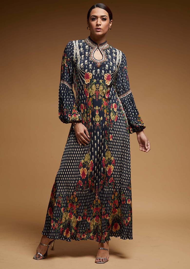 Black Printed Rhinestones Work Crepe Gown