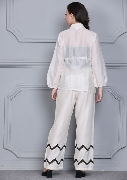 Off White Floral Escape Embroidered Silk Chanderi Wrap Top And Pants Set