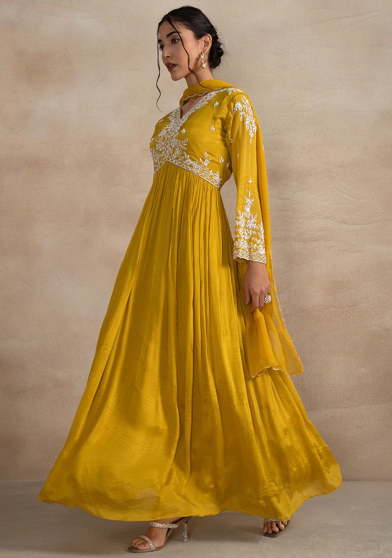 Mustard Cutdana Bead Embellished Kurta With Organza Dupatta