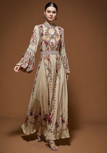 Beige Rhinestones Embroidered Crepe Gown