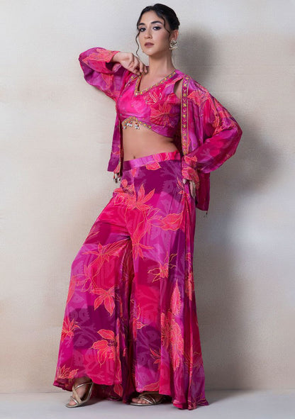 Pink Floral Print Sharara Set With Sequin Embellished Blouse And Printed Jacket