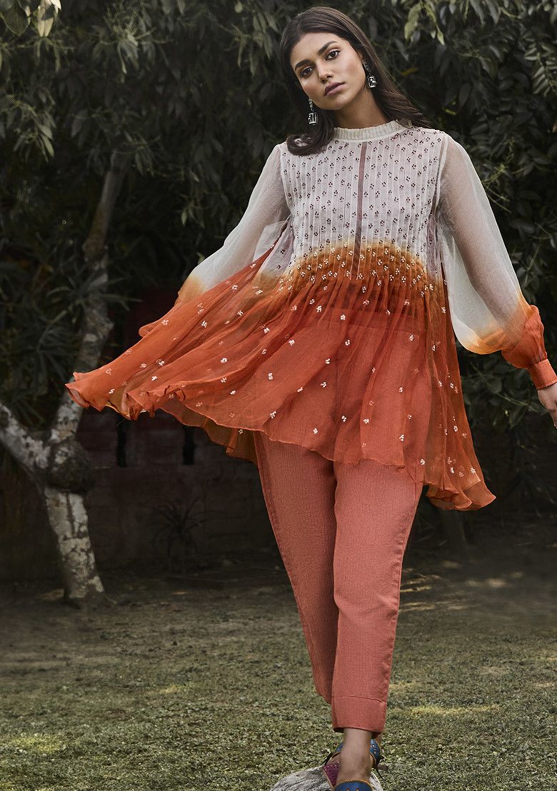 VAANI BESWAL Rust Embroidered Handwoven Organza Tunic Set