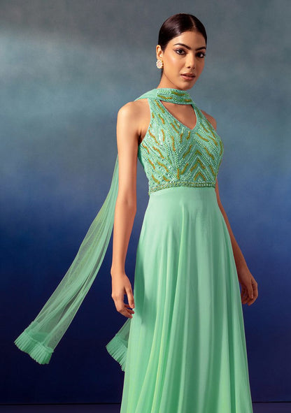 Seafoam Sequin And Bead Embellished Halter Anarkali Gown With Dupatta